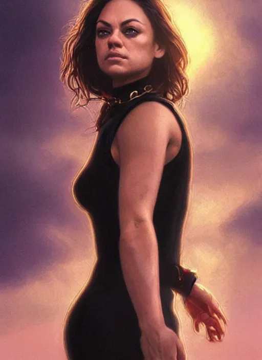 Image similar to Mila Kunis wearing black choker, epic portrait of a very strong muscled Amazon heroine, sun beams across sky, pink golden hour, stormy coast, intricate, elegance, highly detailed, shallow depth of field, epic vista, concept art, art by Artgerm and Donato Giancola, Joseph Christian Leyendecker