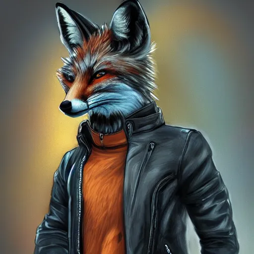 Image similar to A fox with a small head wearing a leather jacket and leather jeans and leather gloves, trending on FurAffinity, energetic, dynamic, digital art, highly detailed, FurAffinity, high quality, digital fantasy art, FurAffinity, favorite, character art