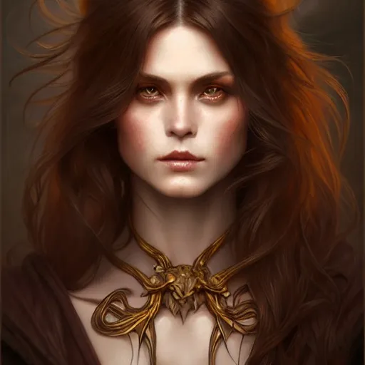 Image similar to brown haired demoness medium portrait, gentle, female, city landscape, norway, d & d, fantasy, intricate, elegant, highly detailed, digital painting, brown and gold color palette, artstation, octane render, concept art, matte, sharp focus, illustration, herrarthstone, art by artgerm and greg rutkowski and alphonse mucha