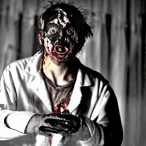 Image similar to mad scientist with a burnt face, creepy, eerie, horror movie still