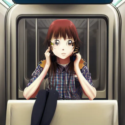 Image similar to portrait of the lone girl sitting in an empty train carriage, anime fantasy illustration by tomoyuki yamasaki, kyoto studio, madhouse, ufotable, trending on artstation