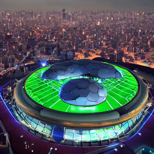 Prompt: a futuristic stadium in the middle of a city, hexagonal shaped, hexadome, unreal engine, epic lighting, crowd cheering,