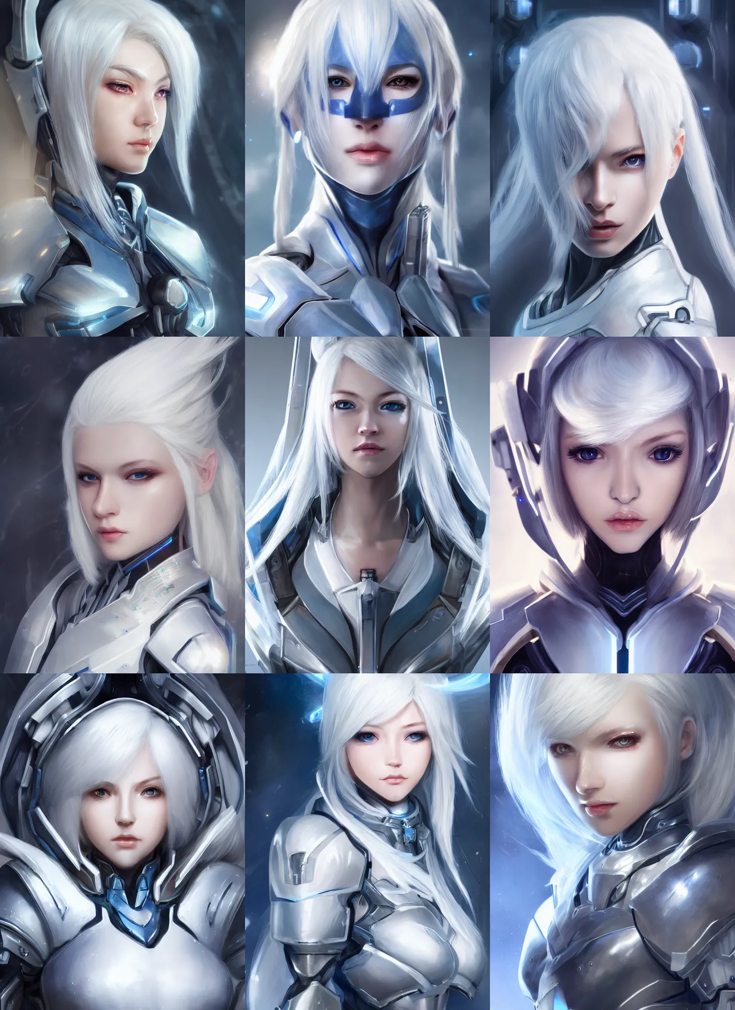 Image similar to detailed portrait of perfect white haired girl, android, warframe armor, beautiful, pretty face, blue cyborg eyes, innocent, scifi, 4 k, sun yunjoo, ultra realistic, aura of light, cinematic lighting, highly detailed, sharp focus, artstation, masterpiece, art by hyungjin yang and akihito tsukushi