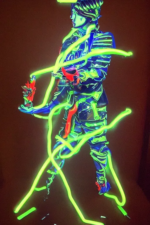 Image similar to full-body neon porcelain bladerunner style sculpture of a young handsome Peruvian ninja as a half android with a porcelain chest opening exposing circuitry and electric sparks, glowing laser beam eyes, crown of giant diamonds, flowing neon-colored silk, fabric, raptors. baroque elements. full-length view. baroque element. intricate artwork by caravaggio. Very very very very highly detailed epic photo of face. Trending on artstation, octane render, cinematic lighting from the right, hyper realism, octane render, 8k, depth of field, 3D