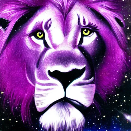 Image similar to a purple lion in space