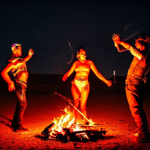 Prompt: photograph of three ravers, two men, one women, photographed from behind, talking around a fire, photorealistic, dancefloor kismet, diverse costumes, clean composition, desert transition area, bonfire, night, australian desert, xf iq 4, symmetry, sony a 7 r, 1 5 0 mp, 5 0 mm