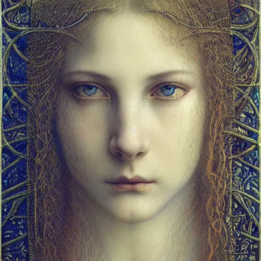 Image similar to detailed realistic beautiful young medieval queen face portrait by jean delville, brooke shaden, gustave dore and marco mazzoni, art nouveau, symbolist, visionary, gothic, pre - raphaelite, ornate gilded medieval icon, surreality