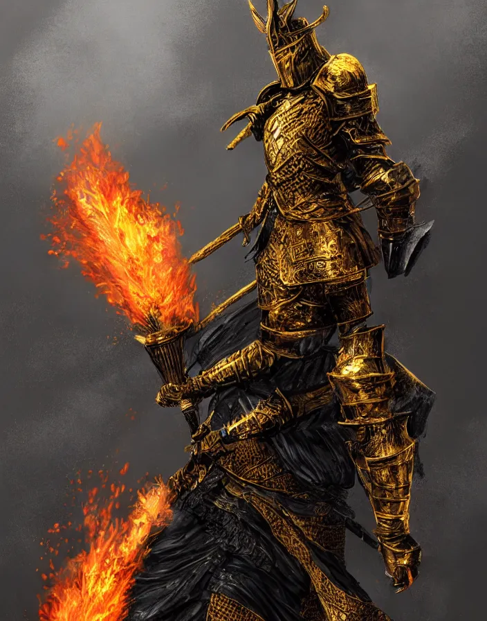 Image similar to the knight of the eternal flame covered in flames wearing detailed gold and black armor like obsidian, dark souls concept art, dramatic lighting, trending on artstation hq, 4 k, uhd