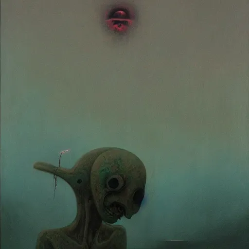 Image similar to Painting in a style of Beksinski featuring a giant alien crying. Pain and suffering in the background