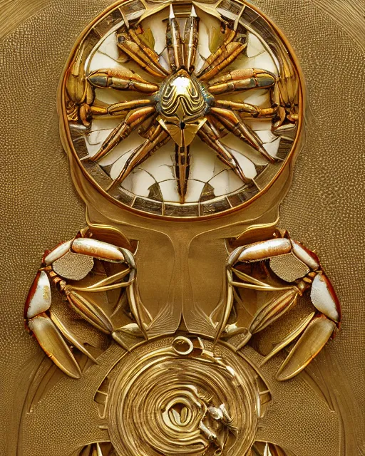 Image similar to symmetry, intracate marble bas relief sculpture, gold inlay, crabs crabs crabs crabs crabs crabs, highly detailed, octane, 8 k, hdr, alphonse mucha, trending on artstation