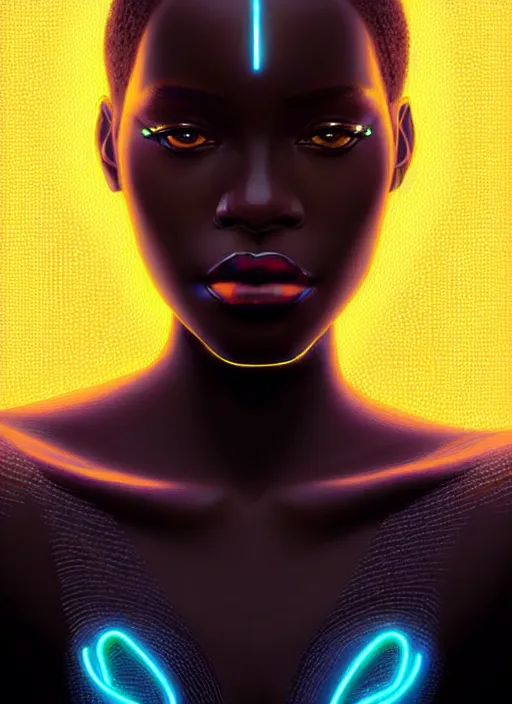 Image similar to portrait of african female humanoid, very intricate, elegant, cyber neon lights, highly detailed, digital illustration, trending in artstation, trending in pinterest, glamor pose, concept art, smooth, sharp focus, art by artgerm and greg rutkowski