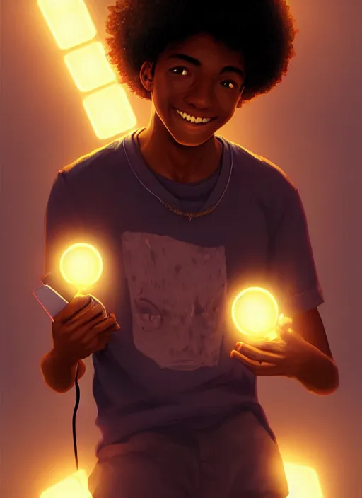 Image similar to portrait of teenage chuck clayton, black teenage boy, very short curly hair, very short hair, square jaw, slight excited smile, reading archie comic book, intricate, elegant, glowing lights, highly detailed, digital painting, artstation, concept art, smooth, sharp focus, illustration, art by wlop, mars ravelo and greg rutkowski