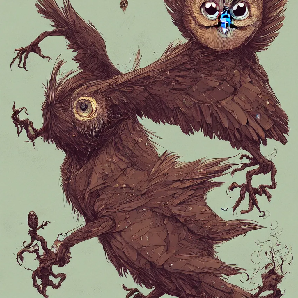 Image similar to an incredibly scary owl with its wings outstretched and with huge bulging eyes, digital art, fantasy, highly detailed, in the style of jake parker, in the style of conrad roset, sharp focus