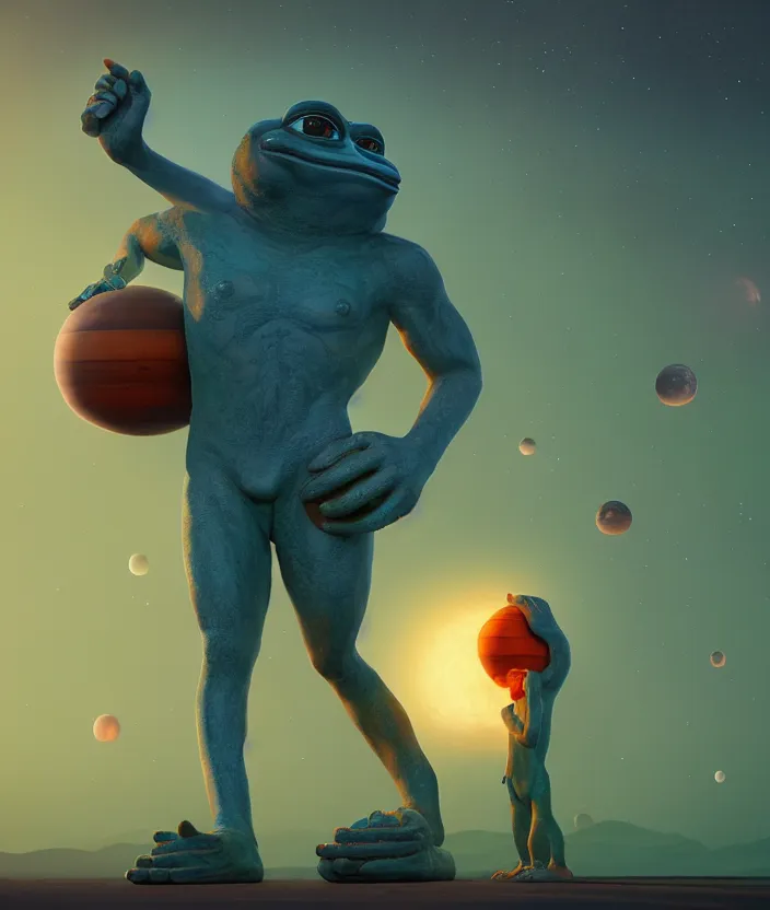 Image similar to giant pepe anunnaki statue, full body, planets, sky, dream, highly detailed, digital painting, refreshing, trending on artstation, octane render, illustration by james jean
