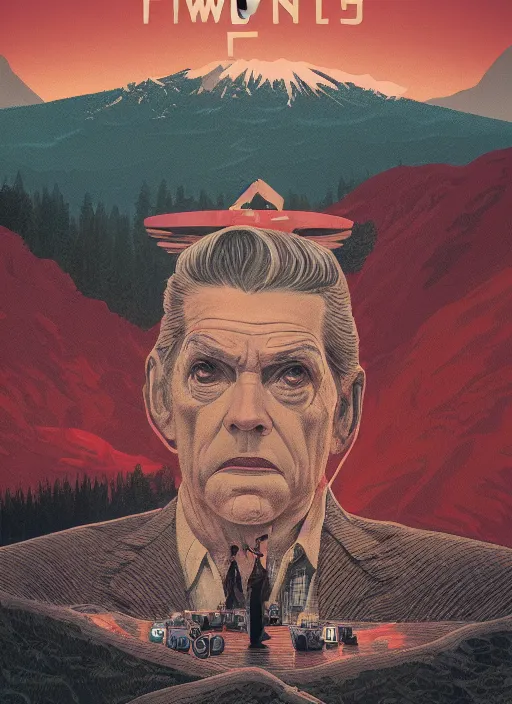 Prompt: Twin Peaks poster artwork by Michael Whelan and Tomer Hanuka, Rendering of film camera lens from scene from Twin Peaks, full of details, by Makoto Shinkai and thomas kinkade, Matte painting, trending on artstation and unreal engine