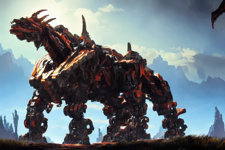 Image similar to grimhorn fanghorn machine mecha animal beast robot of horizon forbidden west horizon zero dawn bioluminiscence global illumination ray tracing hdr fanart arstation by sung choi and eric pfeiffer and gabriel garza and casper konefal