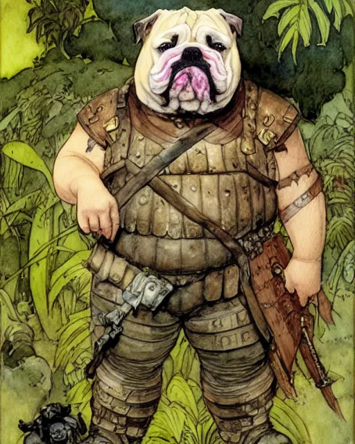 Image similar to a realistic and atmospheric watercolour fantasy character concept art portrait of a fat adorable chibi bulldog soldier with body armor in the jungle, by rebecca guay, michael kaluta, charles vess and jean moebius giraud