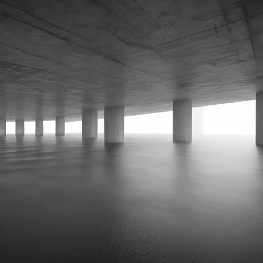 Prompt: underground concrete structure, minimalist architecture, surreal, liminal space, angled walls, high ceiling, flooded,