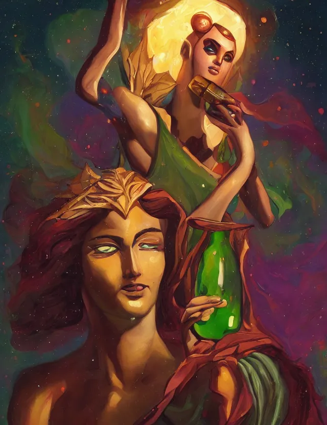 Image similar to androgynous deity of starlight and wine. this oil painting by the award - winning comic artist has interesting color contrasts, plenty of details and impeccable lighting.