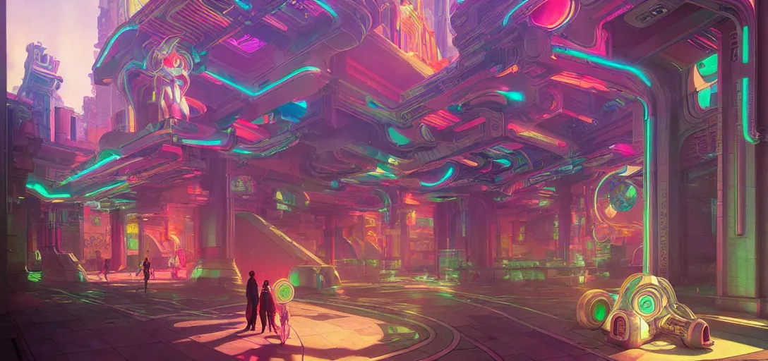 Image similar to street view of a cybernetic temple, vaporwave aesthetic, colorful, psychedelic, digital painting, artstation, concept art, smooth, sharp focus, illustration, art by artgerm and greg rutkowski and alphonse mucha