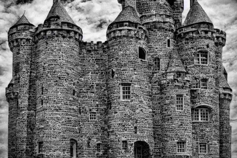 Image similar to a castle made out of letters, black and white photography