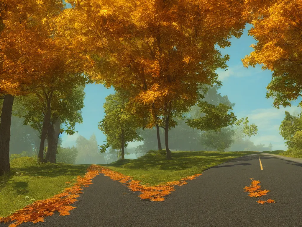 Image similar to Going to the end of the road, there are maple trees on both sides of the road, and maple leaves are floating in the air, Vanishing Point, hdr, ue5, unreal engine 5, cinematic 4k wallpaper, ultra detailed, high resolution, artstation, award winning.