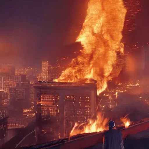 Image similar to Live Action Still of Jerma in The Towering Inferno, real life, hyperrealistic, ultra realistic, realistic, highly detailed, epic, HD quality, 8k resolution, body and headshot, film still