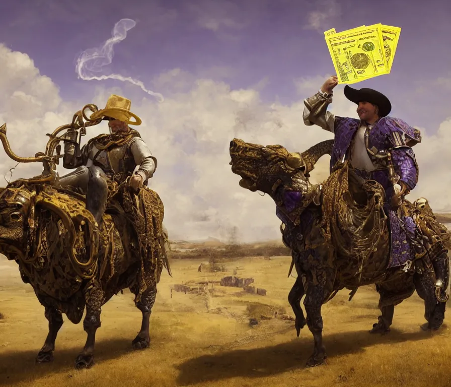 Prompt: cowboy snake oil salesman in purple medieval armour riding a golden green locomotive steam bull with dollar bill print skin, by Greg Rutkowski, 8K, hyper detailed, realistic, by onesal, by sixnfive , behance 3d , studio photography DSLR, Photoreal epic composition