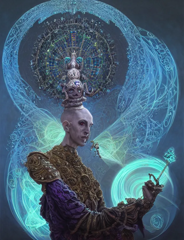 Image similar to front shot of a court jester character, hyperdimensional, bioluminescent hypercubes, dark holography!!!, (((intricate))), elegant, highly detailed, centered, (((artstation, concept art, smooth, sharp focus, artgerm, Tomasz Alen Kopera, Peter Mohrbacher, donato giancola, Joseph Christian Leyendecker, WLOP, Boris Vallejo))), mugshot!!!!!, ugly!!!!!!, octane render, nvidia raytracing demo, octane render, nvidia raytracing demo, octane render, nvidia raytracing demo, grainy, muted, 8K, digitalblasphemy