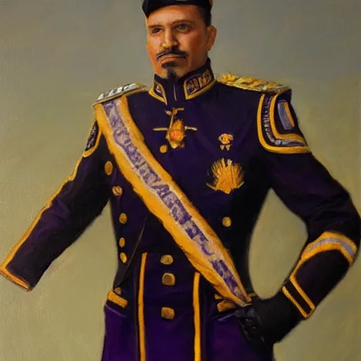 Image similar to full body portrait of saber from fate as the dictator of the los angeles lakers in full military garb, oil on canvas by william sidney mount, trending on artstation