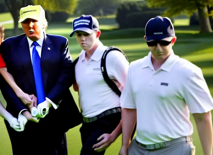 Prompt: front view of a single Donald Trump wearing handcuffs escorted by two young FBI agents wearing uniforms at golf course, photo by Alex Webb, press photo, Reuters media