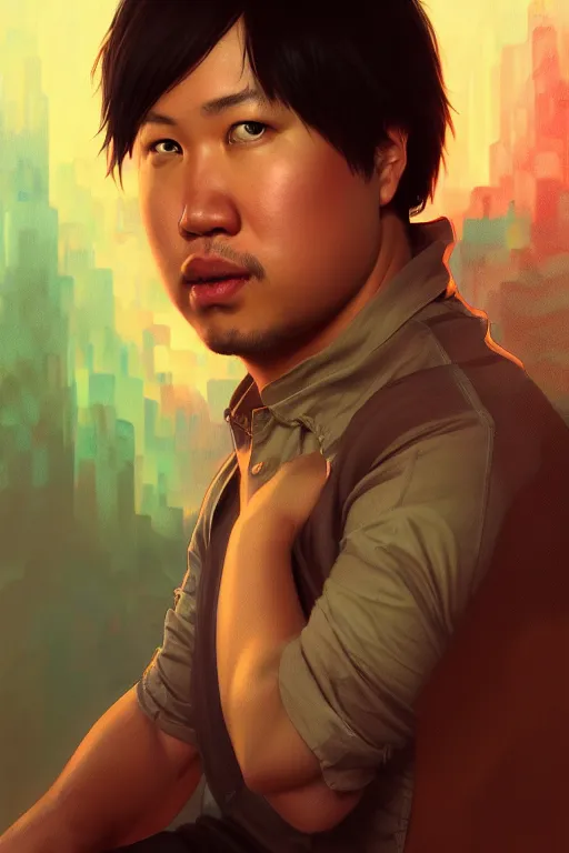 Prompt: a portrait of freddie wong, fantasy, sharp focus, intricate, elegant, digital painting, artstation, matte, highly detailed, concept art, illustration, ambient lighting, art by ilya kuvshinov, artgerm, alphonse mucha, and greg rutkowski