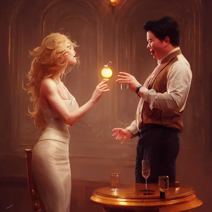 Image similar to michael mcintyre flirting with a singing waitress, elegant, real life skin, intricate artwork, high detailed, artstation, concept art, smooth, sharp focus, art by artgerm and greg rutkowski