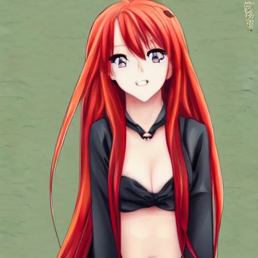 Image similar to portrait of an anime girl with red hair and green eyes