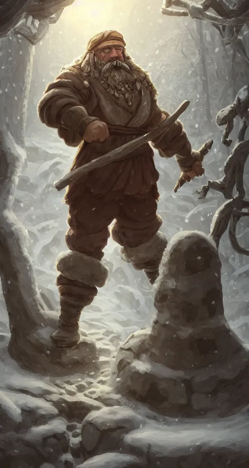 Prompt: Beautiful detailed high quality illustration of an old Slavic blacksmith, very strong and muscular man, a lot of Slavic decor elements and cloth::vibrant winter, romantic mood, morning sunlight::art by Ghibli Studio, League of Legends, Arcane, Wild Rift, trending on artstation::one character in scene, single solid body, no artefacts, no two heads, no two bodies