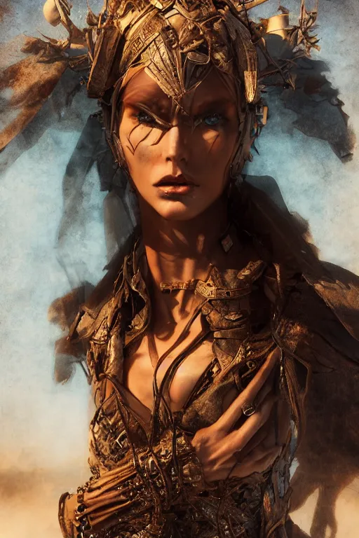 Prompt: a centered photo of a post apocalyptic supermodel goddess at burning man festival playa, powerful, cinematic, beautifully lit, by artgerm, by karol bak, 3 d, perfect face and body, trending on artstation, octane render, 8 k