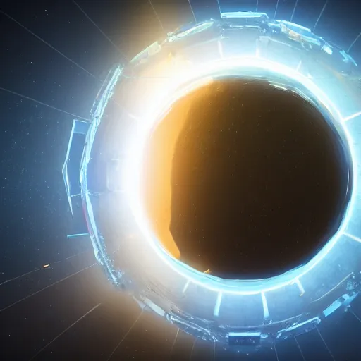 Prompt: a glowing orb of energy floating in mid - air, the inside is like a giant star - gate with portals to other spaces and dimensions, 8 k octane beautifully detailed render, post - processing