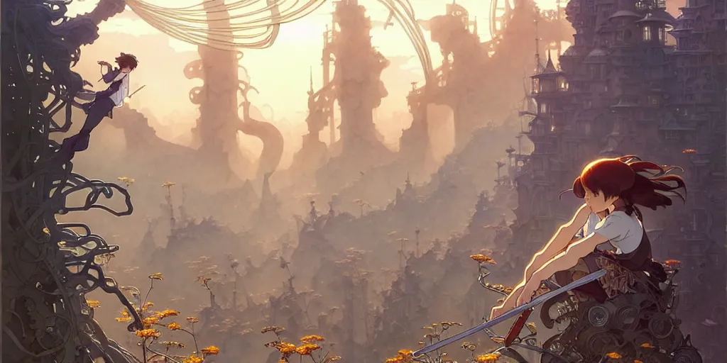 Image similar to twist your tiny lies into the spoon, spinning a web with your metallurgy. by hayao miyazaki and rossdraws and artgerm and greg rutkowski and alphonse mucha and studio ghibli. high quality, stunning, intricate detailed environment. 8 k