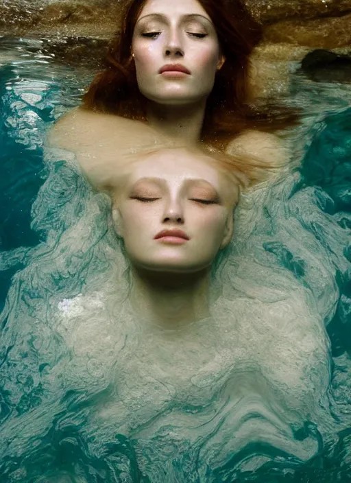 Prompt: Kodak Portra 400, 8K, soft light, volumetric lighting, highly detailed, britt marling style 3/4 , portrait photography portrait photography of a beautiful woman how pre-Raphaelites by Giovanni Gastel, photo portrait of a beautiful woman with her eyes closed,inspired by Ophelia Millais Paint , the face emerges from water of Pamukkale, underwater face, anatomical real full body dressed ethereal lace dress floating in water surface , the hair are intricate with highly detailed realistic beautiful brunches and flowers like crown, Realistic, Refined, Highly Detailed, outdoor soft pastel lighting colors scheme, outdoor fine art photography, Hyper realistic, photo realistic