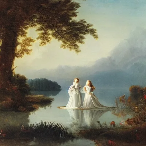 Prompt: two beautiful girls wearing white dresses beautiful faces a dog john martin landscape lake evening