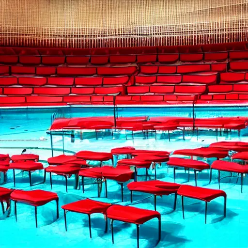 Prompt: a opera scenography of a mountain of old chairs over a pool of red water.