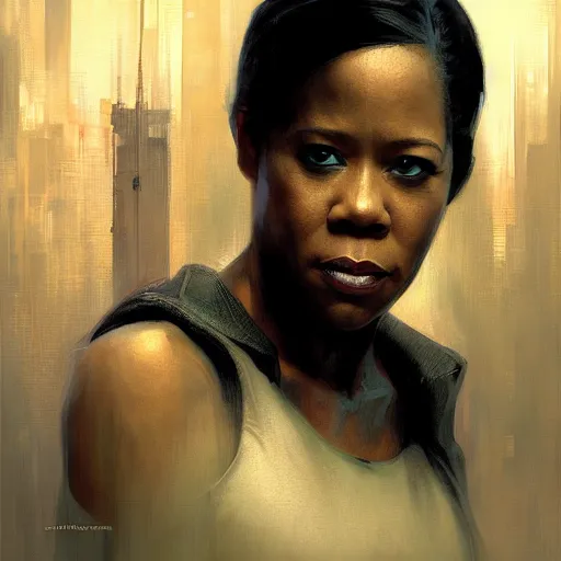 Image similar to regina king, hyperrealistic portrait, bladerunner street, art of elysium by jeremy mann and alphonse mucha, fantasy art, photo realistic, dynamic lighting, artstation, poster, volumetric lighting, very detailed face, 4 k, award winning