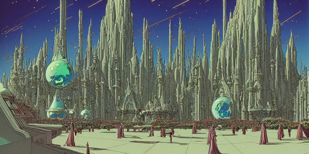 Image similar to cel shaded cinematic shot, matte illustration, the interior of a sci - fi space station with ornate elven architecture bustling with people, epic castle, emerald, crystalline, detailed illustration, sharp focus, crisp lines, art by moebius, jean giraud moebius comic illustration