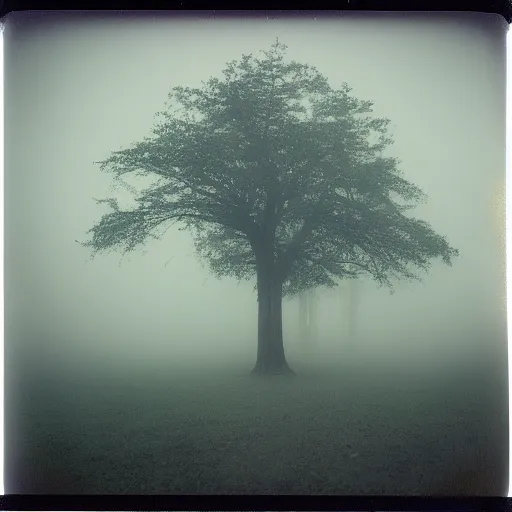 Image similar to impossibly large tree in a forest clearing reaching into the fog, night, old polaroid, expired film, megalophobia,