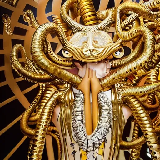 Prompt: close up of a female fashion model in year 3000 in art-deco entrance hall, model wearing a huge surreal Avant-garde octopus in gold, photography , official Versace editorial , highly detailed