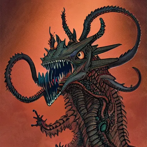 Image similar to Anthopomorphic dragon, lovecraftian horror, in the style of trevor henderson