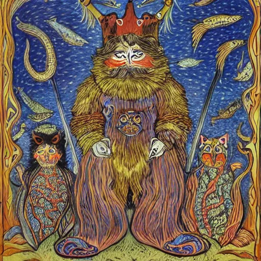 Image similar to lines by louis wain. a experimental art of a mythological scene. large, bearded man seated on a throne, surrounded by sea creatures. he has a trident in one hand & a shield in the other. behind him is a large fish. in front of him are two smaller creatures.