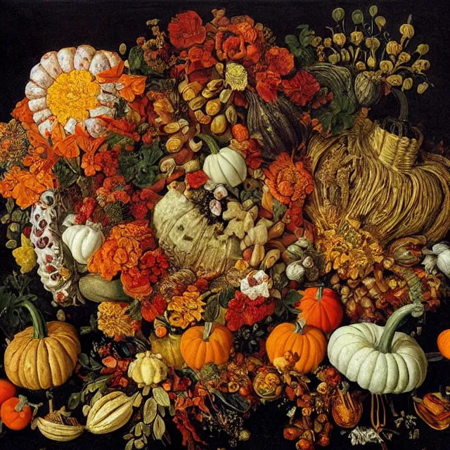 Image similar to victorian thanksgiving feast, flowers and gourds, black background, still life by giuseppe arcimboldo, vanitas, intricate high detail masterpiece