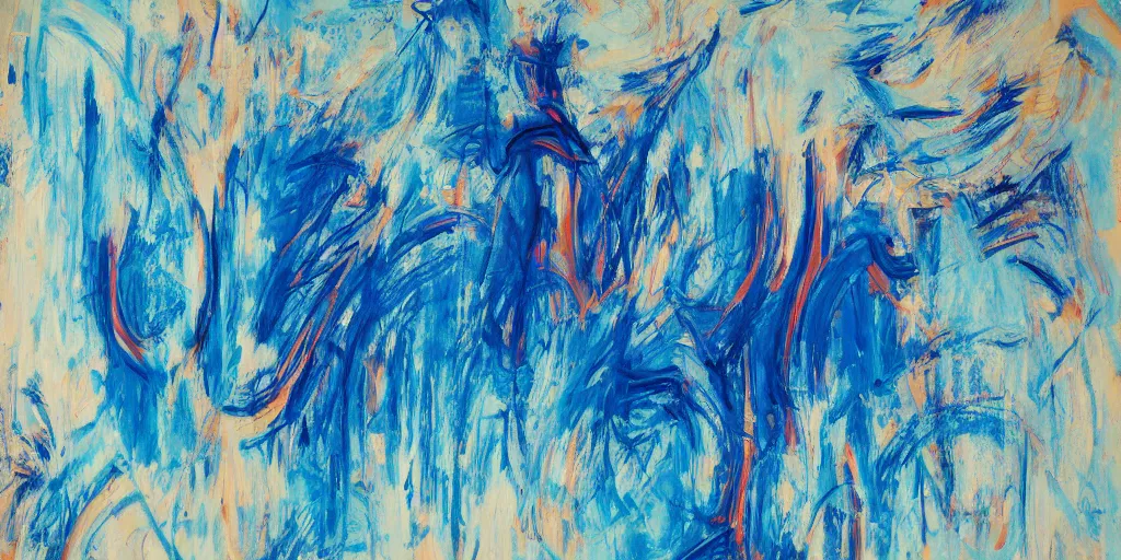 Image similar to chaotic abstract expressionism painting of a face, blue color palette