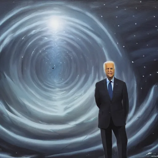 Image similar to dark, evil joe biden standing in front of the collapse of the universe, painting, trending on art station, high quality